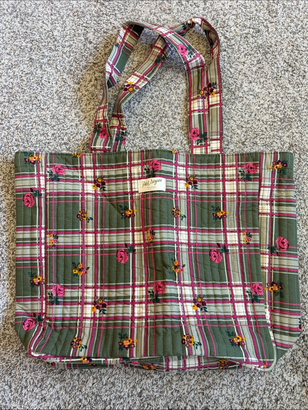 Sezane Quilted Olive Green Plaid Tote with Pink Floral Embroidery